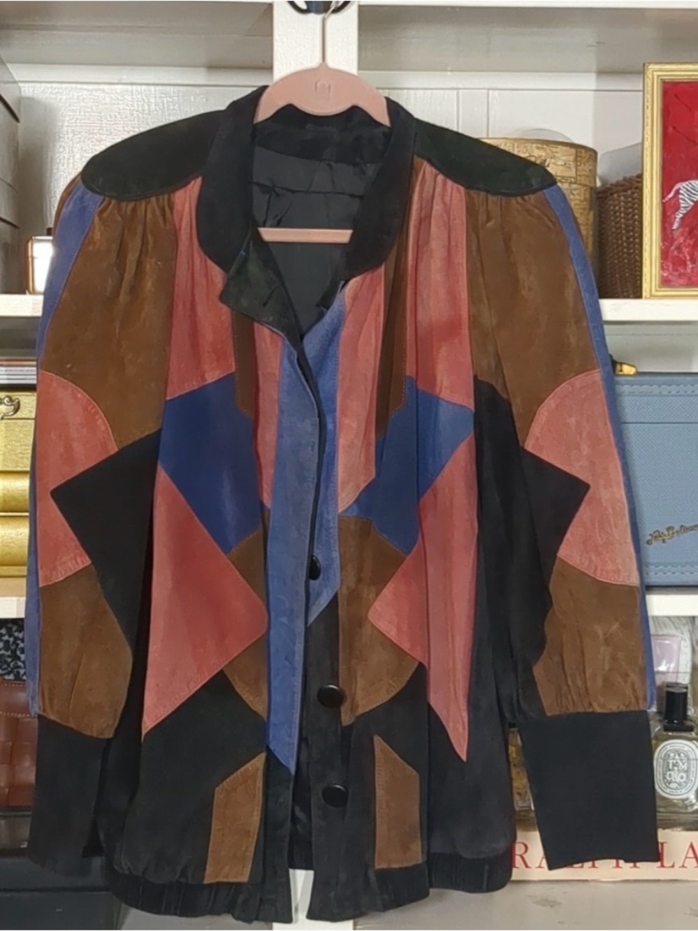 VTG 100% Suede Leather Geometric Print Jacket in Brown Blue Pink